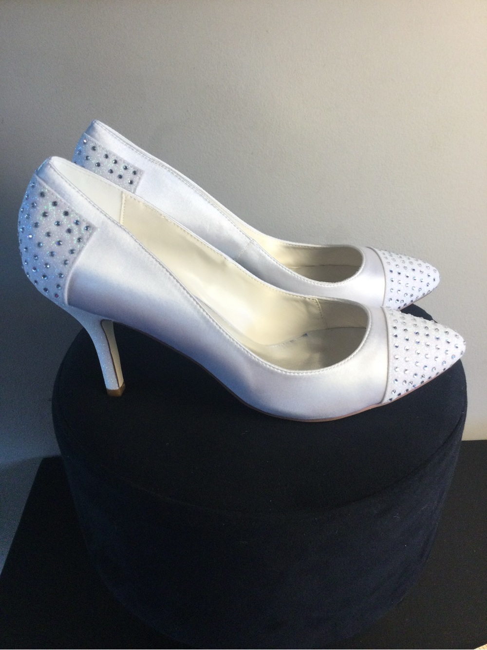 Satin White Pointed-Toe Heels with Crystal Studs